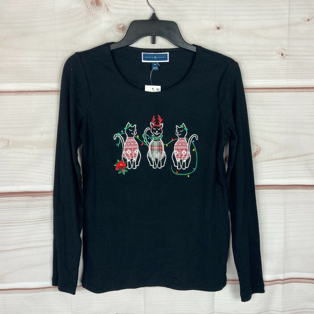 Karen Scott Top Women XS Black Christmas Cats T-Shirt Graphic Long Sleeve Cotton